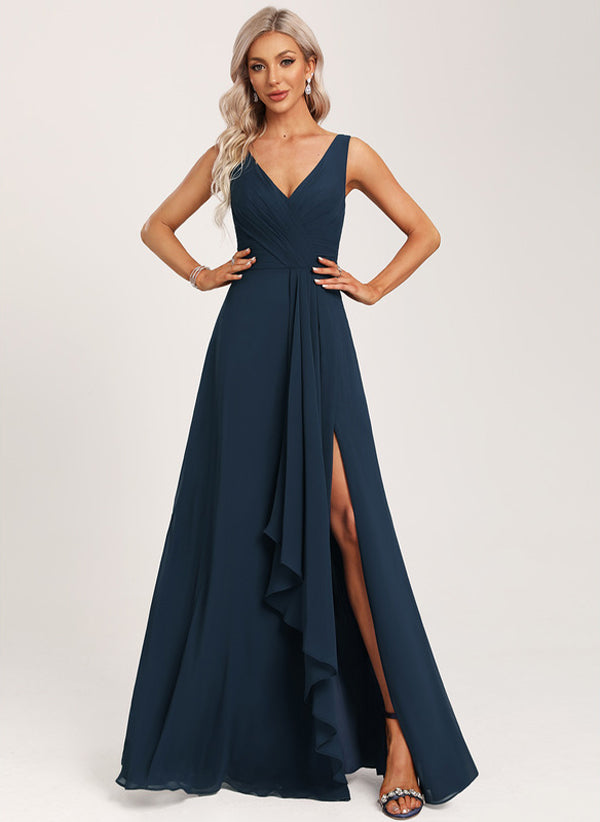 A-line V-Neck Floor-Length Chiffon Bridesmaid Dress with Ruffle