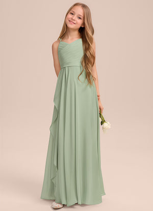A-line V-Neck Floor-Length Chiffon Junior Bridesmaid Dress With Cascading Ruffles