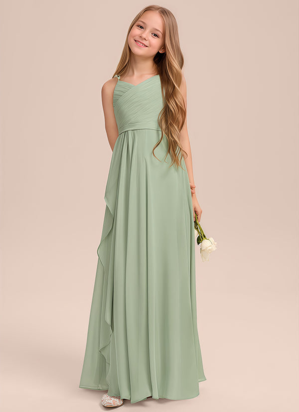 A-line V-Neck Floor-Length Chiffon Junior Bridesmaid Dress With Cascading Ruffles