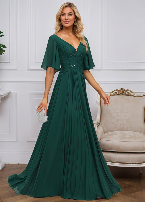 A-line V-Neck Floor-Length Chiffon Mother of the Bride Dress With Sequins Appliques Lace Pleated