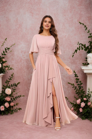 A-line Scoop Floor-Length Chiffon Bridesmaid Dress With Slit