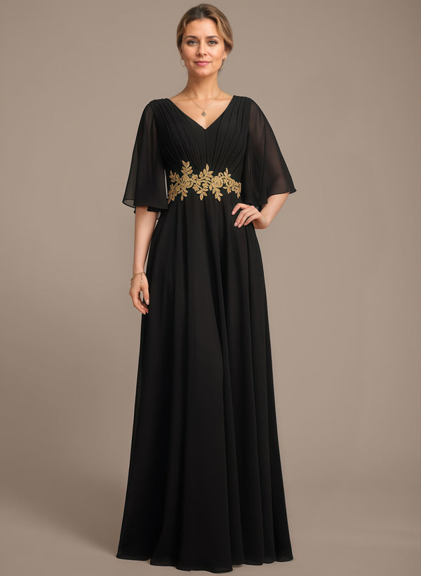 A-line V-Neck Floor-Length Chiffon Lace Mother of the Bride Dress With Sequins Beading