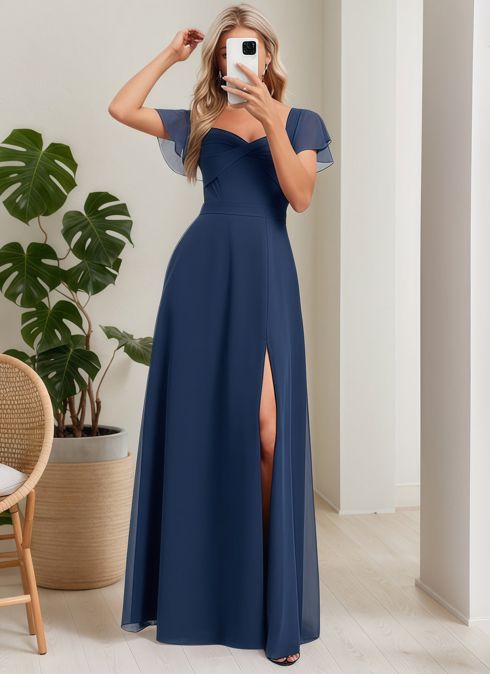 A-line V-Neck Floor-Length Chiffon Bridesmaid Dress With Ruffle