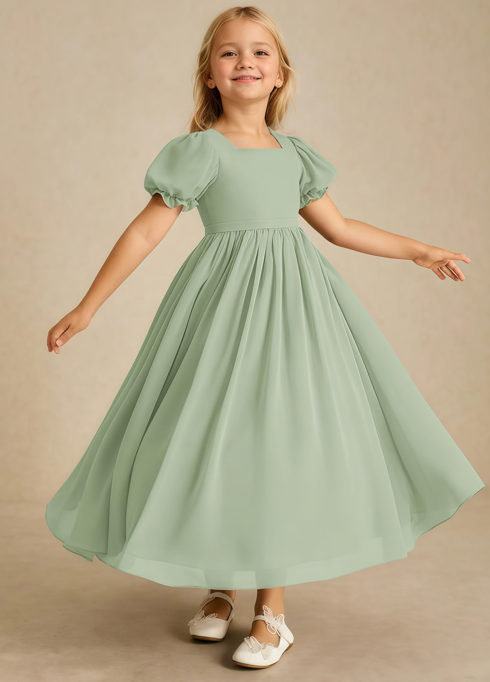A-line Scoop-Neck Short Sleeves Chiffon Junior Bridesmaid Dress