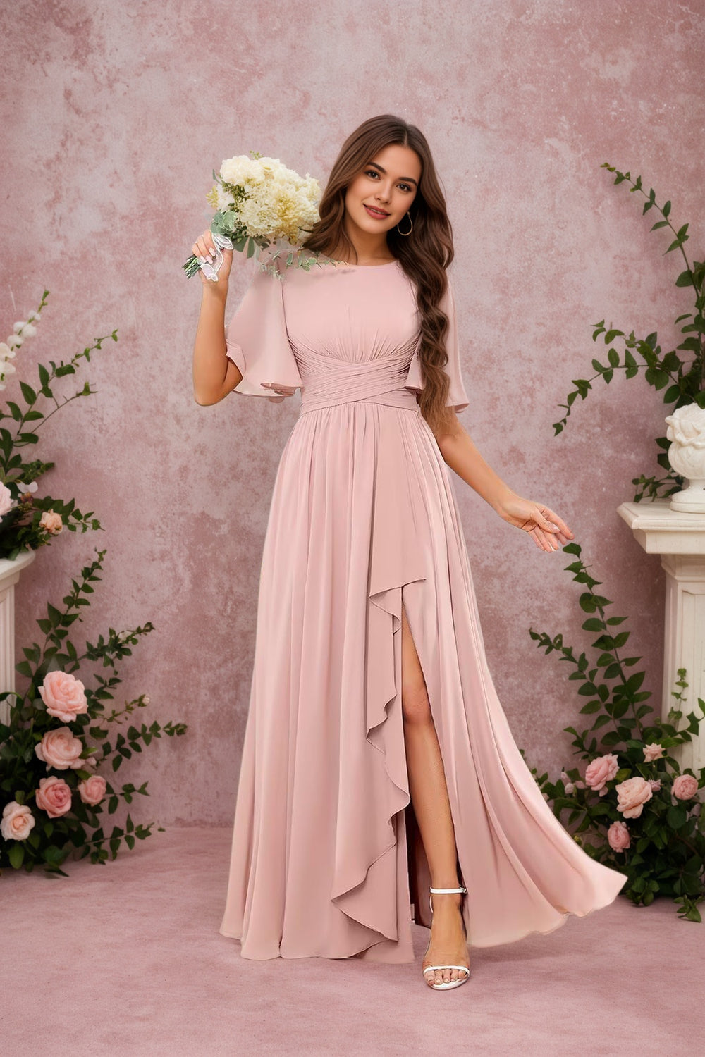 A-line Scoop Floor-Length Chiffon Bridesmaid Dress With Slit