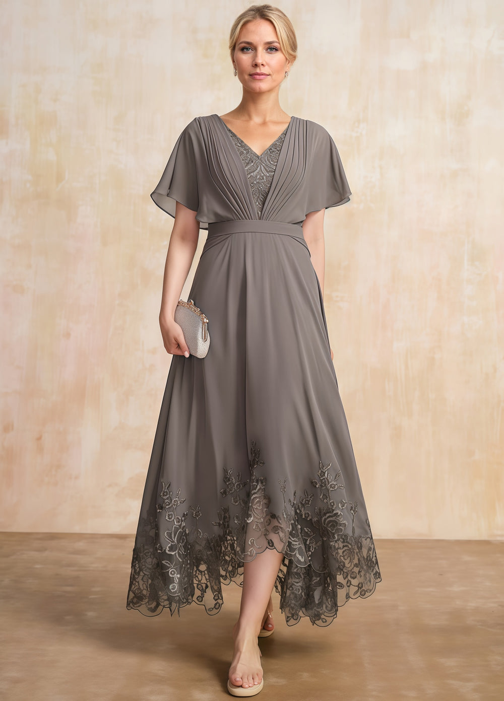 A-line Scoop Illusion Ankle-Length Lace Chiffon Mother of the Bride Dress With Sequins