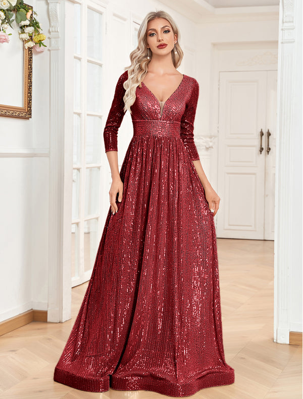 Sequin V-Neck Long Sleeveless A-Line Floor Length Navy Blue Prom/Evening Dress