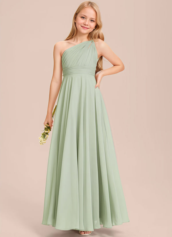 A-line One Shoulder Floor-Length Chiffon Junior Bridesmaid Dress