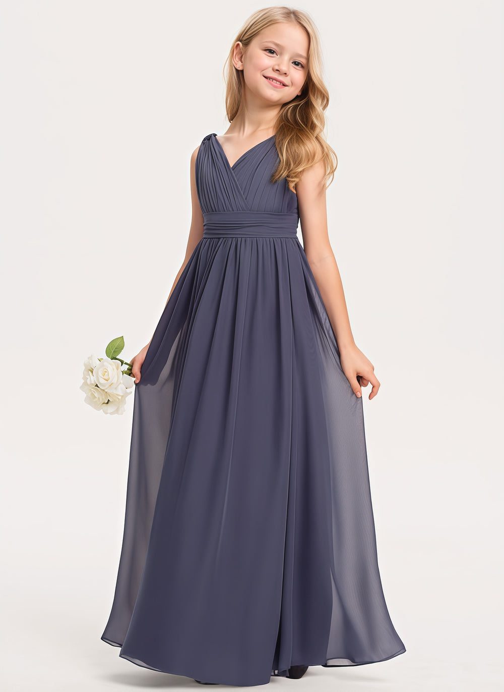 A-line V-Neck Floor-Length Chiffon Junior Bridesmaid Dress