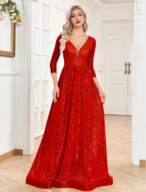 Sequin V-Neck Long Sleeveless A-Line Floor Length Navy Blue Prom/Evening Dress