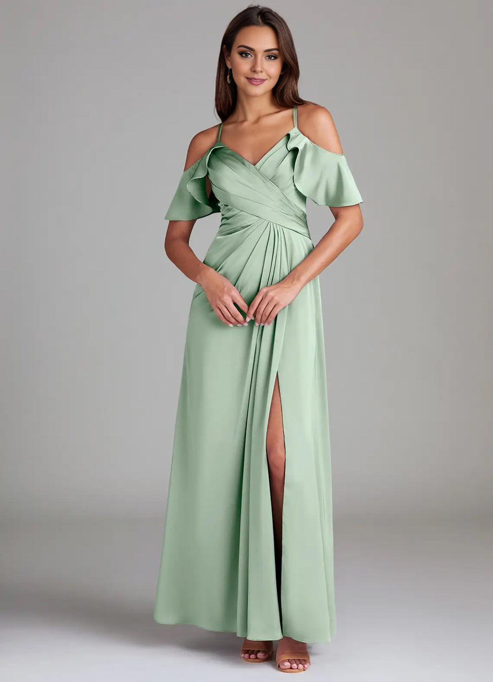 A-line Cold Shoulder Floor-Length Satin Bridesmaid Dress With Ruffle