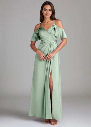 A-line Cold Shoulder Floor-Length Satin Bridesmaid Dress With Ruffle
