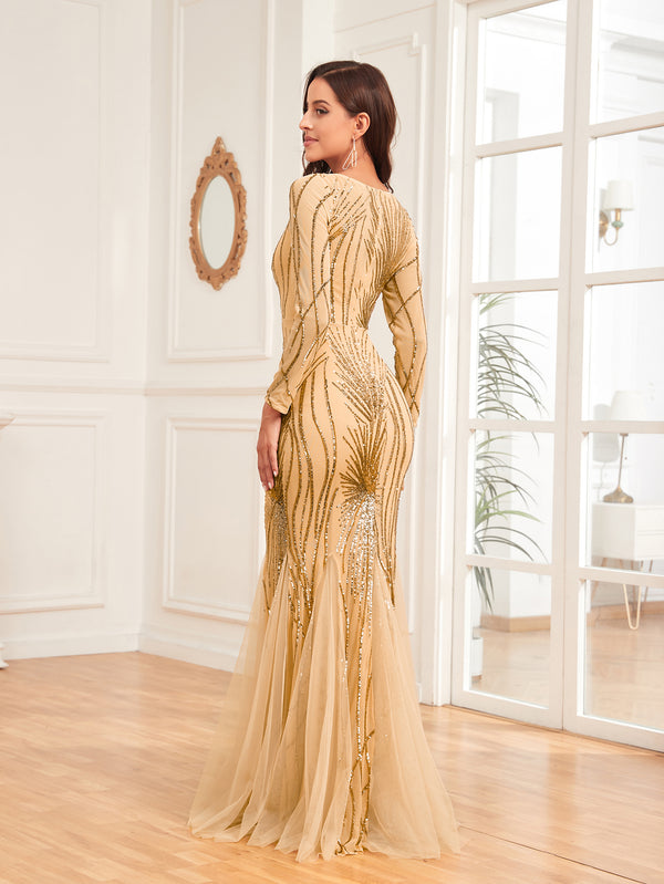 Scoop Sequin Tulle Mermaid/Trumpet Long Sleevess Sweep Train Empire Waist Prom Dress