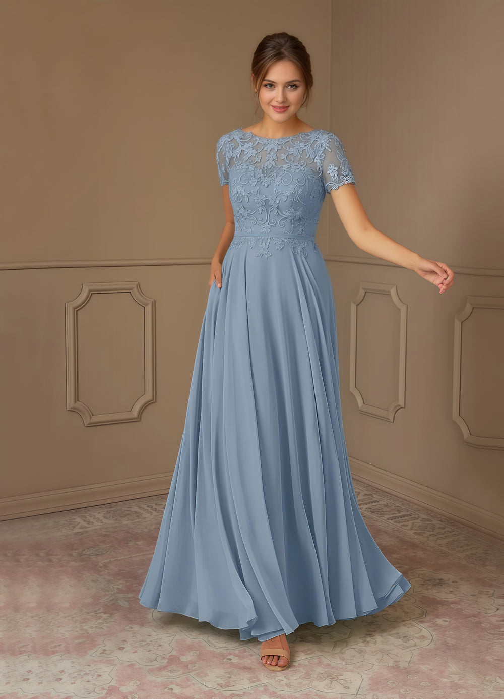 A-line Scoop Illusion Floor-Length Lace Chiffon Mother of the Bride Dress With Sequins