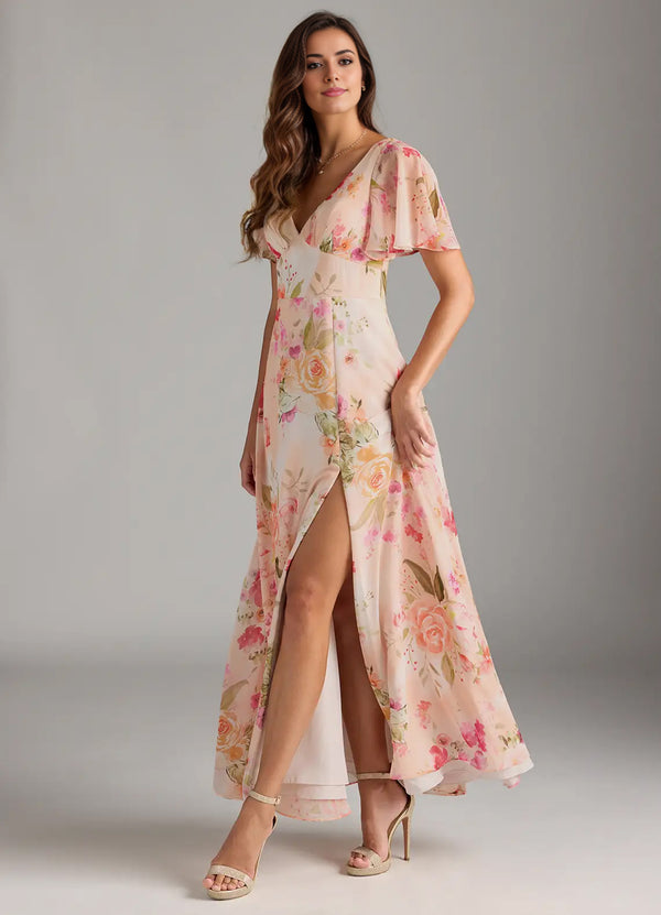 A-line V-Neck Floor-Length Chiffon Floral Bridesmaid Dress