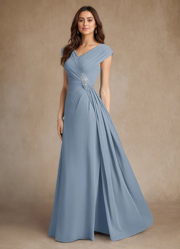A-line V-Neck Floor-Length Chiffon Mother of the Bride Dress With Pleated Sequins