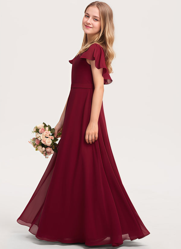 A-line V-Neck Floor-Length Chiffon Junior Bridesmaid Dress