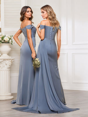 Trumpet/Mermaid Off the Shoulder Sweep Train Satin Prom Dresses