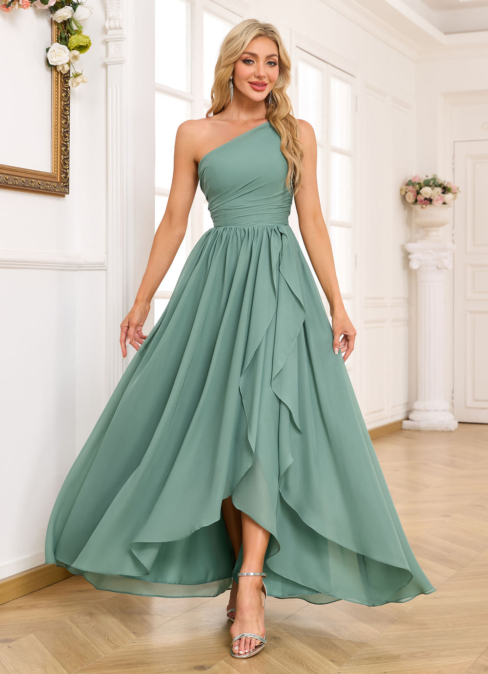 A-line One Shoulder Floor-Length Chiffon Bridesmaid Dress With Ruffle