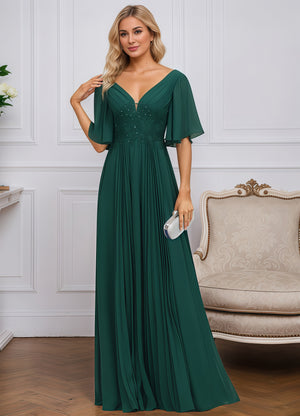 A-line V-Neck Floor-Length Chiffon Mother of the Bride Dress With Sequins Appliques Lace Pleated