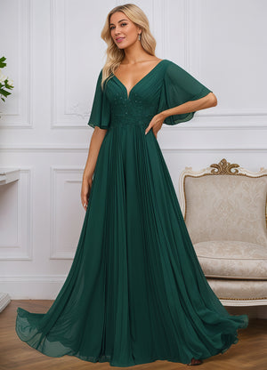 A-line V-Neck Floor-Length Chiffon Mother of the Bride Dress With Sequins Appliques Lace Pleated