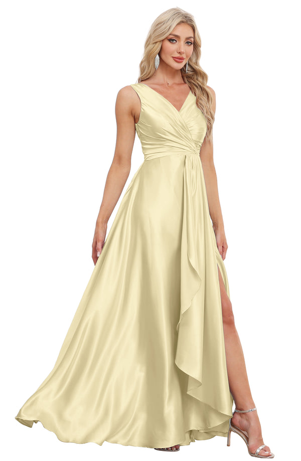 A-line V-Neck Floor-Length Satin Bridesmaid Dress