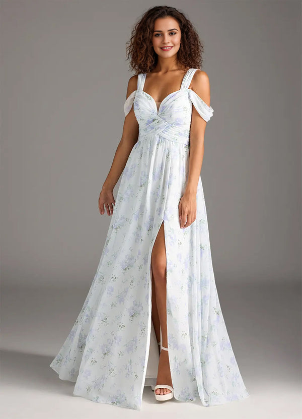 A-line Cold Shoulder Floor-Length Chiffon Bridesmaid Dress With Slit
