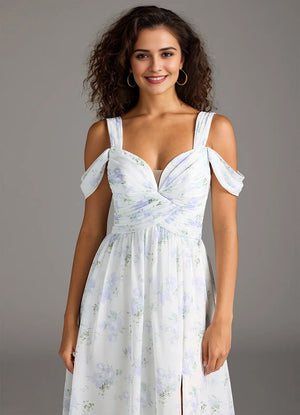 A-line Cold Shoulder Floor-Length Chiffon Bridesmaid Dress With Slit