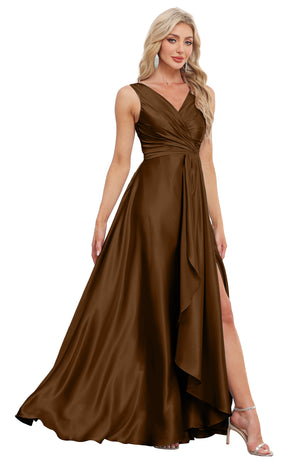 A-line V-Neck Floor-Length Satin Bridesmaid Dress