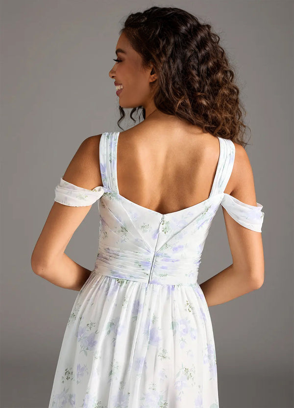 A-line Cold Shoulder Floor-Length Chiffon Bridesmaid Dress With Slit