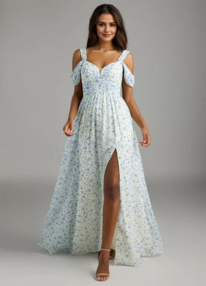 A-line Cold Shoulder Floor-Length Chiffon Bridesmaid Dress With Slit