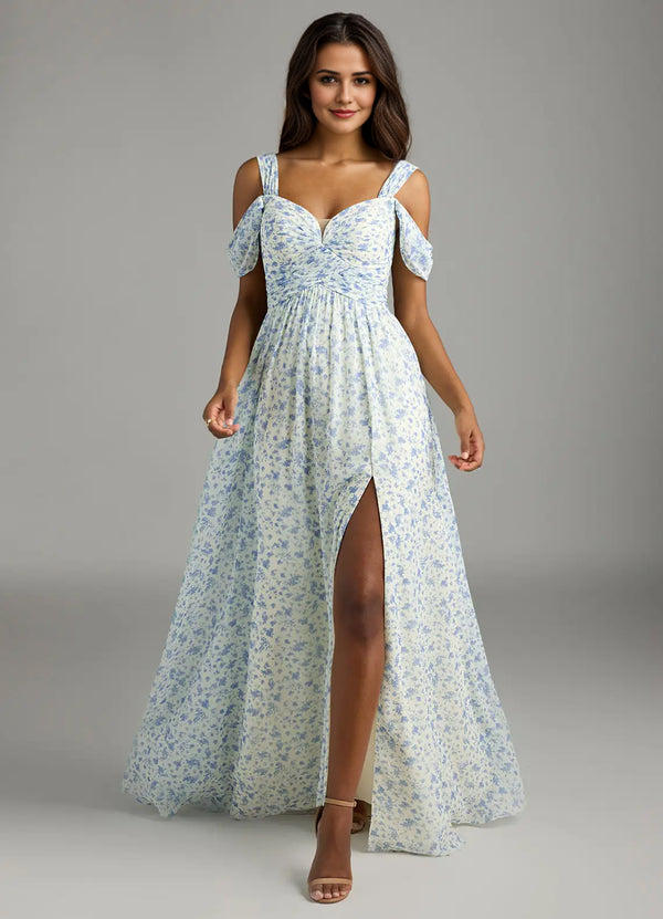 A-line Cold Shoulder Floor-Length Chiffon Bridesmaid Dress With Slit