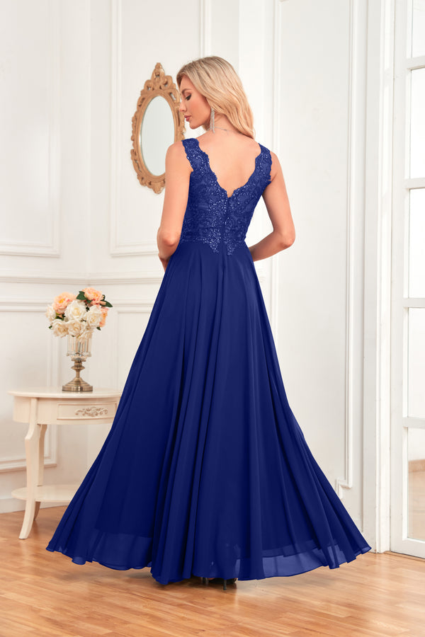 Sleeveless A-Line Floor Length Chiffon Lace V-Neck Bridesmaid Dress