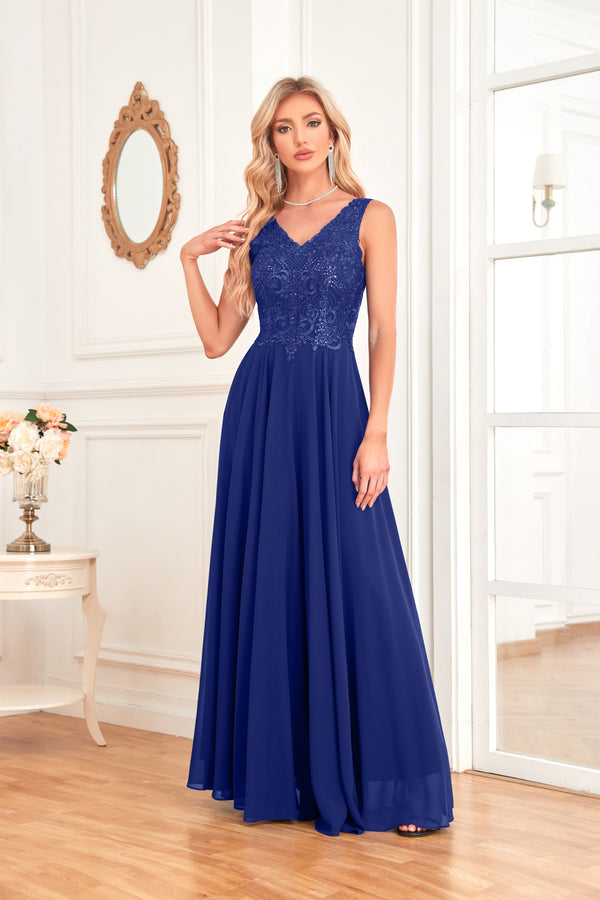Sleeveless A-Line Floor Length Chiffon Lace V-Neck Bridesmaid Dress