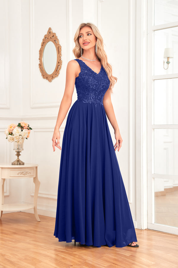 Sleeveless A-Line Floor Length Chiffon Lace V-Neck Bridesmaid Dress