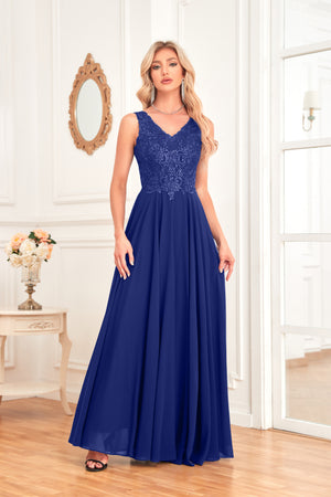 Sleeveless A-Line Floor Length Chiffon Lace V-Neck Bridesmaid Dress