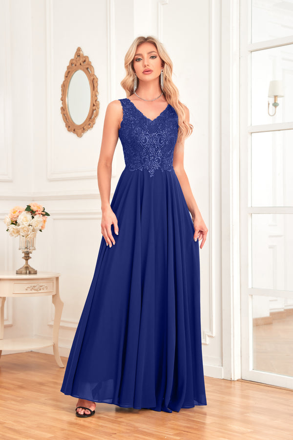 Sleeveless A-Line Floor Length Chiffon Lace V-Neck Bridesmaid Dress
