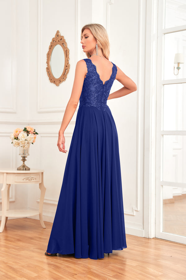 Sleeveless A-Line Floor Length Chiffon Lace V-Neck Bridesmaid Dress