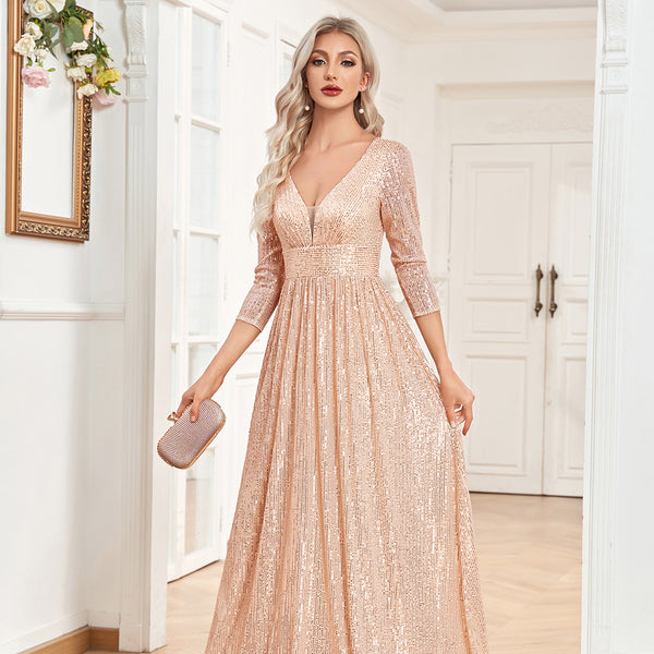 Sequin V-Neck Long Sleeveless A-Line Floor Length Rose Gold Prom/Evening Dress