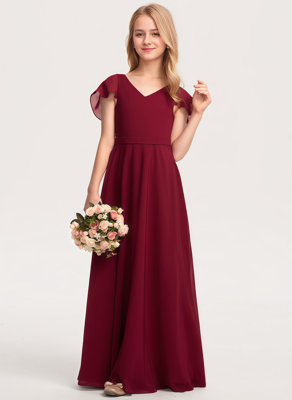 A-line V-Neck Floor-Length Chiffon Junior Bridesmaid Dress