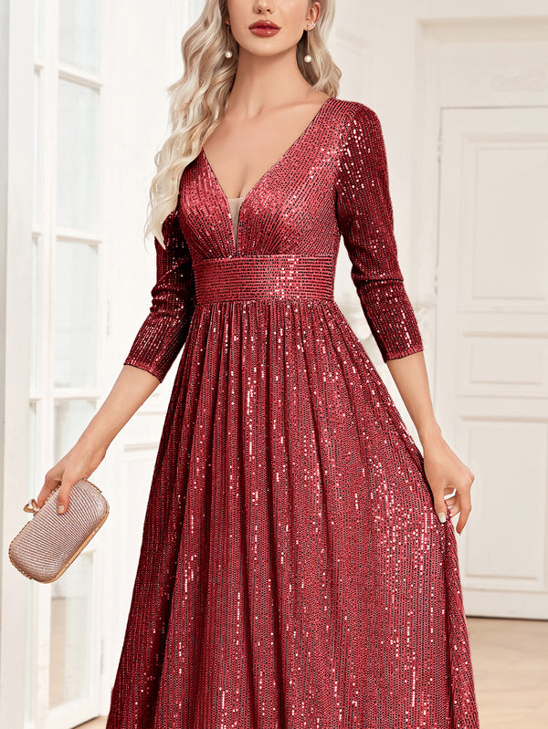 Sequin V-Neck Long Sleeveless A-Line Floor Length Navy Blue Prom/Evening Dress