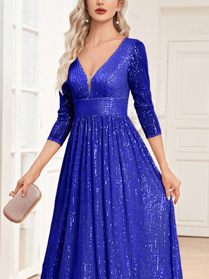 Sequin V-Neck Long Sleeveless A-Line Floor Length Navy Blue Prom/Evening Dress