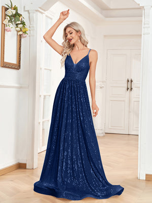 Sequin V-Neck Spaghetti Straps A-Line Floor Length Prom/Evening Dress