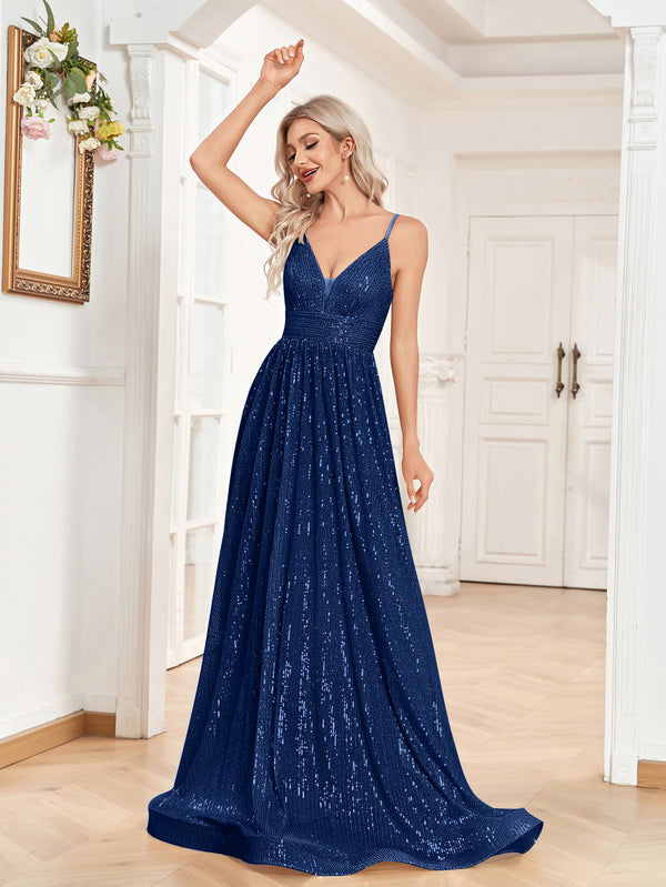Sequin V-Neck Spaghetti Straps A-Line Floor Length Prom/Evening Dress