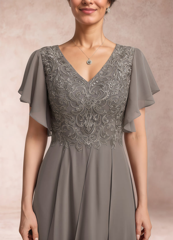 A-line V-Neck Ankle-Length Lace Chiffon Mother of the Bride Dress With Cascading Ruffles