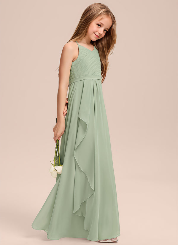 A-line V-Neck Floor-Length Chiffon Junior Bridesmaid Dress With Cascading Ruffles