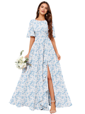 A-line Scoop Floor-Length Chiffon Bridesmaid Dress With Slit