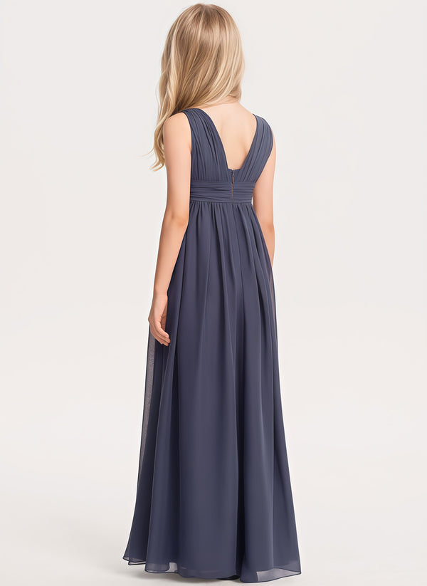 A-line V-Neck Floor-Length Chiffon Junior Bridesmaid Dress