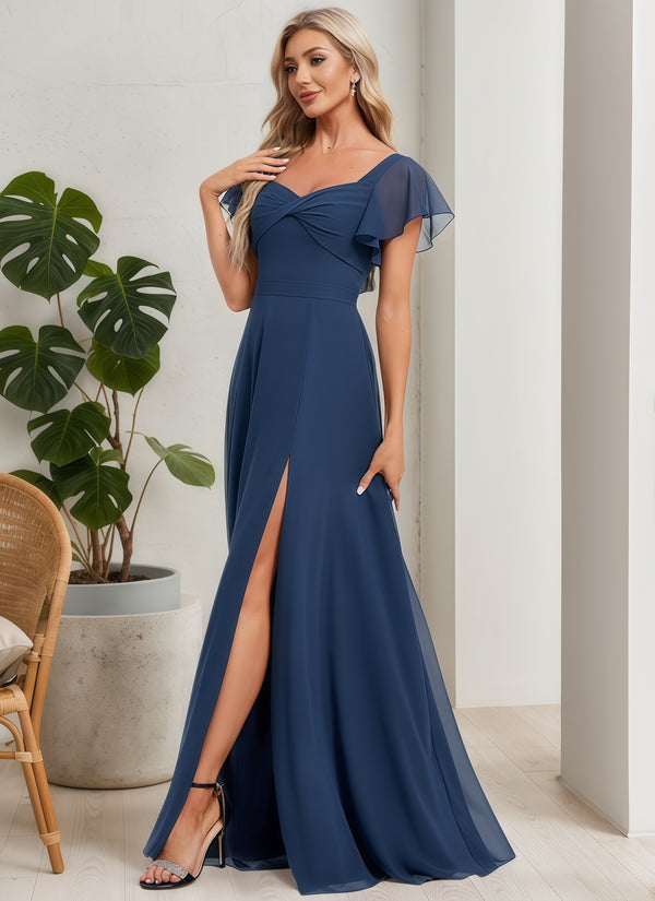 A-line V-Neck Floor-Length Chiffon Bridesmaid Dress With Ruffle