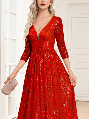 Sequin V-Neck Long Sleeveless A-Line Floor Length Navy Blue Prom/Evening Dress